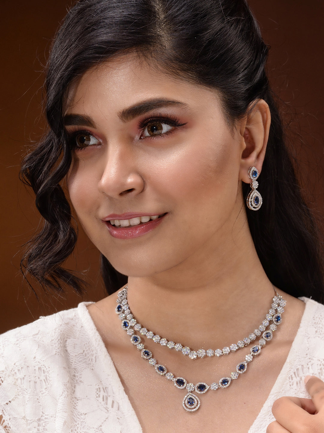 Silver Toned Blue AD studded double layer Necklace jewellery Set, zaveri pearls, sale price rs, sale price, sale gold plated, sale gold, sale, rubans, ring, regular price, priyassi jewellery,